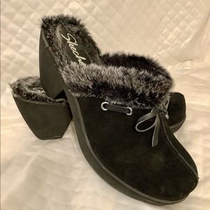 SKECHERS LEATHER WINTER HEELED SLIDE FAUX FUR Sz10